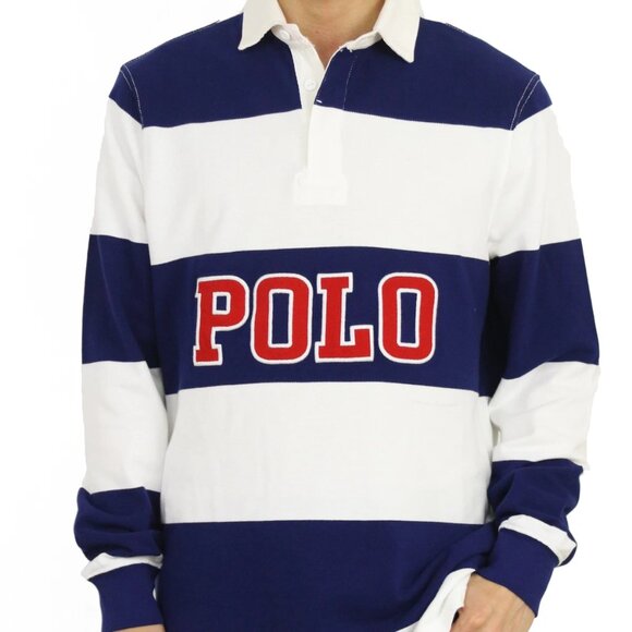 Polo Ralph Lauren Striped Rugby Polo Shirt "POLO" Navy Blue White Red XL Preppy - Picture 2 of 16